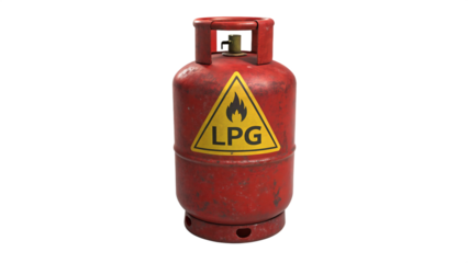 Red LPG gas cylinder with warning sign isolated on transparent background for cooking and heating purposes, safety and industrial use
