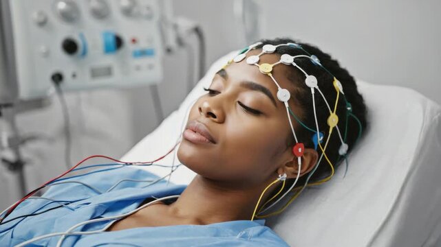 Sleeping patient wearing EEG monitoring headset and other medical devices.