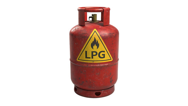 Red LPG gas cylinder with warning sign isolated on transparent background for cooking and heating purposes, safety and industrial use