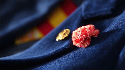 A red carnation on a blue velvet jacket, bathed in golden light, embodying the spirit of Spain National Day.