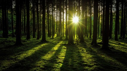 Fototapeta premium Sunlight filters through the trees, casting long shadows on the forest floor.