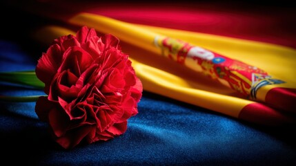 A red carnation on a blue velvet jacket, bathed in golden light, embodying the spirit of Spain National Day.