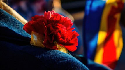 A red carnation on a blue velvet jacket, bathed in golden light, embodying the spirit of Spain National Day.