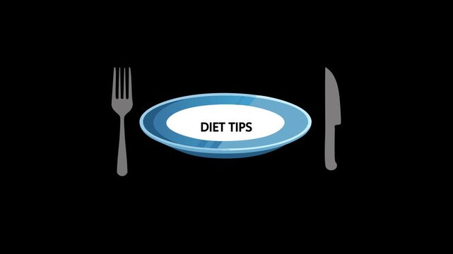 Diet Tips written on a plate with a hand holding a fork and knife against a white background, symbolizing healthy eating advice, nutrition guidance, meal planning, and wellness.