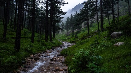 Fototapeta premium A small stream meanders through a lush forest, surrounded by tall trees and rocks.