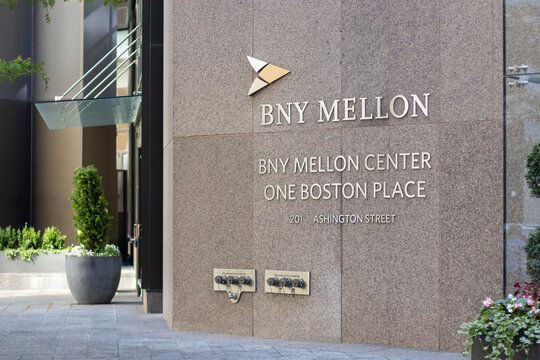 Boston, MA, USA - June 30, 2022: BNY Mellon logo is seen at the BNY Mellon Center in Boston, Massachusetts. The Bank of New York Mellon Corporation is an American financial services company.