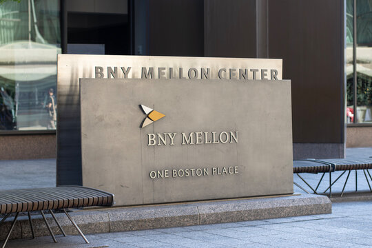 Boston, MA, USA - June 30, 2022: BNY Mellon logo is seen at the BNY Mellon Center in Boston, Massachusetts. The Bank of New York Mellon Corporation is an American financial services company.