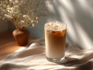 Ice americano black coffee cold brew beans in glass on wood table close up popular iced coffe menu in the summer at cofee shop copy space	