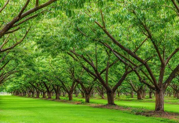 Fototapeta premium A row of lush green fruit trees in a well-maintained orchard.