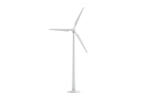 A single white wind turbine with three blades rotating slowly, generating clean renewable energy, isolated on a transparent background