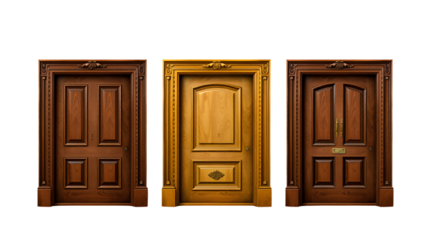 Three Classic Wooden Doors with Detailed Frames and Architectural Elements