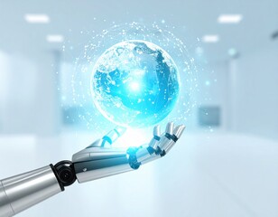 Robot hand holding planet Earth with connection network