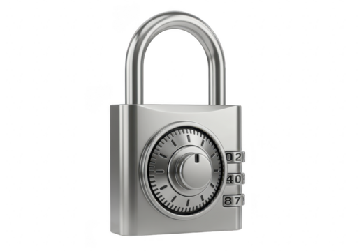A metallic silver combination padlock with a circular dial and numbers, symbolizing security and access control, isolated on a transparent background