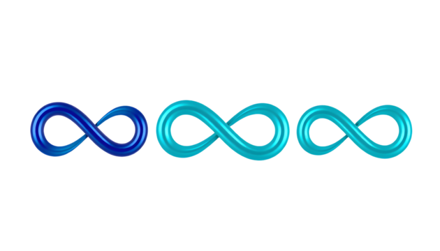 Three 3D Infinity Symbols in Shades of Blue and Teal on a Transparent Backdrop