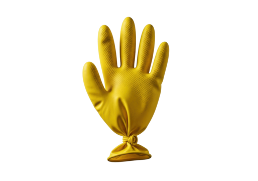 Vibrant yellow dirty rubber glove, slightly inflated and deflating with a tied knot, isolated on transparent studio background, shallow depth of field, surreal decay concept