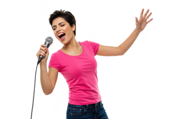 Young woman singing passionately into a microphone, isolated on transparent background