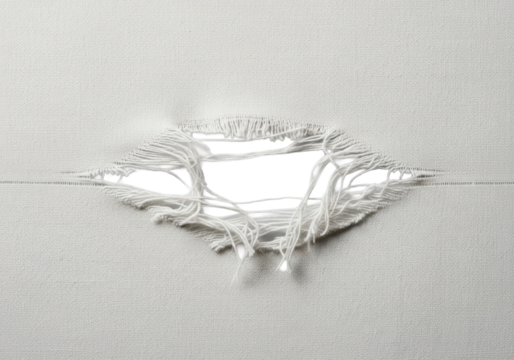 Unbleached off-white linen fabric, smooth and textured, with a prominent jagged rip revealing frayed threads, close-up macro on transparent, studio light, concept of material imperfection
