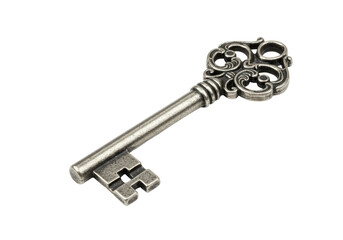 Isolated Ornate Antique Silver Skeleton Key with Decorative Handle