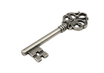 Isolated Ornate Antique Silver Skeleton Key with Decorative Handle