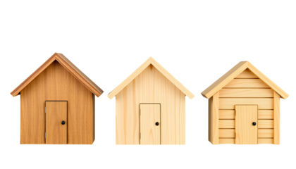 Wooden House Trio Miniature Structures on Transparent Background