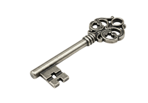 Isolated Ornate Antique Silver Skeleton Key with Decorative Handle