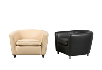 Two Modern Tub Chairs in Cream and Black Leather, Isolated