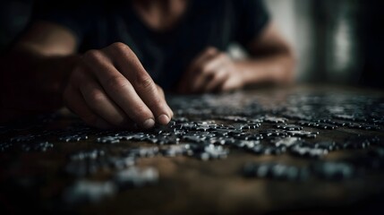 Hands assembling a puzzle on a table with focused attention