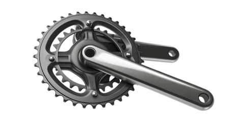 Shiny silver bicycle crankset with two chainrings isolated on a transparent background