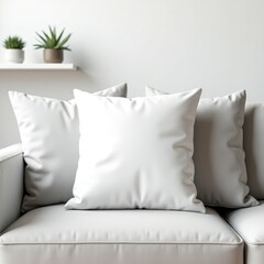 Pillow mockup close up of three white pillows on a white couch with plants on a shelf in the background indoors