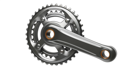 Silver bicycle crankset with two chainrings isolated on a transparent background