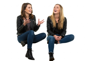 Two young women in leather jackets and jeans sitting and laughing together, isolated on transparent background