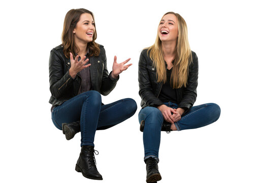 Two young women in leather jackets and jeans sitting and laughing together, isolated on transparent background