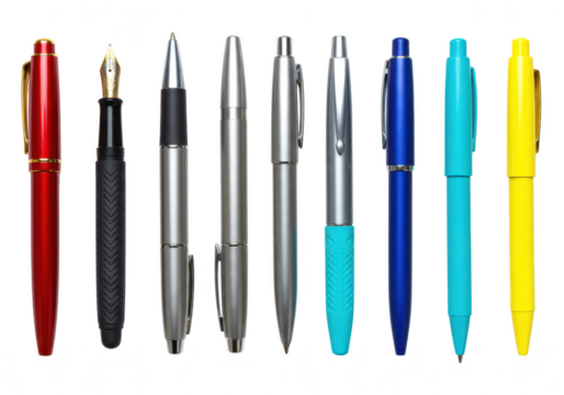 Collection of various pens and writing instruments isolated on transparent background