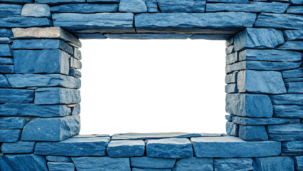 Blue stone window opening with rustic masonry and weathered appearance, isolated on a transparent background