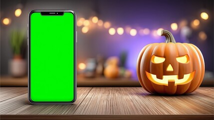Halloween smartphone mockup with green screen and glowing jack-o&rsquo;-lantern pumpkin on wooden table
