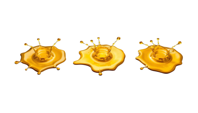 Golden liquid splashes and crown shapes on transparent background