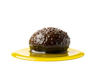 Chocolate dessert on a yellow plate with a transparent background