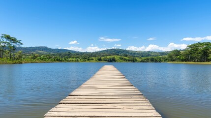 A wooden pier extends into a calm lake, surrounded by lush greenery and majestic mountains.
