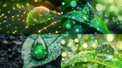 Four vibrant close-ups of water droplets on leaves, showcasing intricate digital patterns within