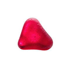 Extreme macro of a single, glowing ruby red sea glass shard, vibrant and translucent, centered on a pristine transparent background, studio lighting. Precious gem concept