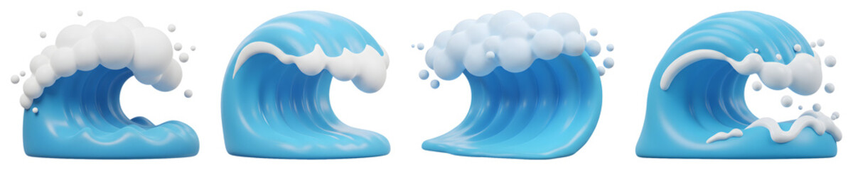 Cartoonish Ocean Wave Set With White Foam on Transparent Backdrop