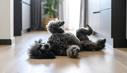 Grey dog relaxing on floor