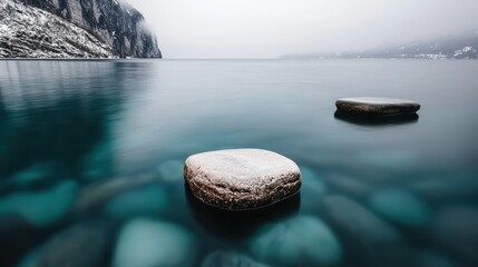 A serene lake with two large rocks in the foreground, surrounded by a snowy cliff and foggy mountains.