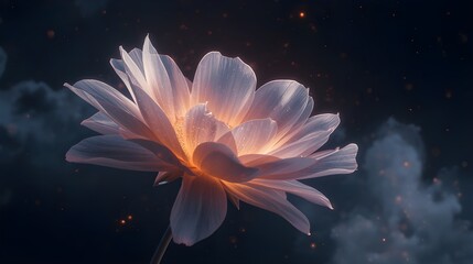 3D Abstract Glowing Flower with Intricate Pulsating Petals, Floating in Dark Space with Stars, Nebula Clouds, and Soft Warm Lighting

