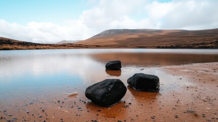 A rocky shoreline with three large black rocks in the foreground, backed by a calm body of water and a distant mountain range.