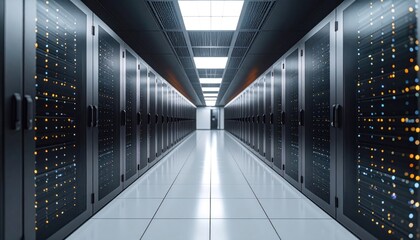 Data Center Server Room with Rows of Racks, and Technology Background.