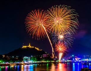 Fireworks display over a city at night