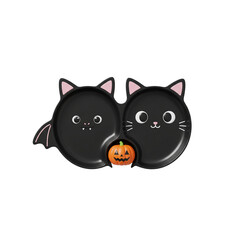 Fototapeta premium 3D Cute kawaii&nbsp;Plate shaped like bat and cat, halloween design, kawaii style,&nbsp;white background