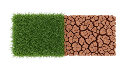 Perfectly flat surface, half lush green grass, half cracked dry reddish-brown earth, seamless transition, top-down, transparent background, environmental contrast concept