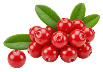 A cluster of ripe red cranberries with green leaves, isolated on transparent background